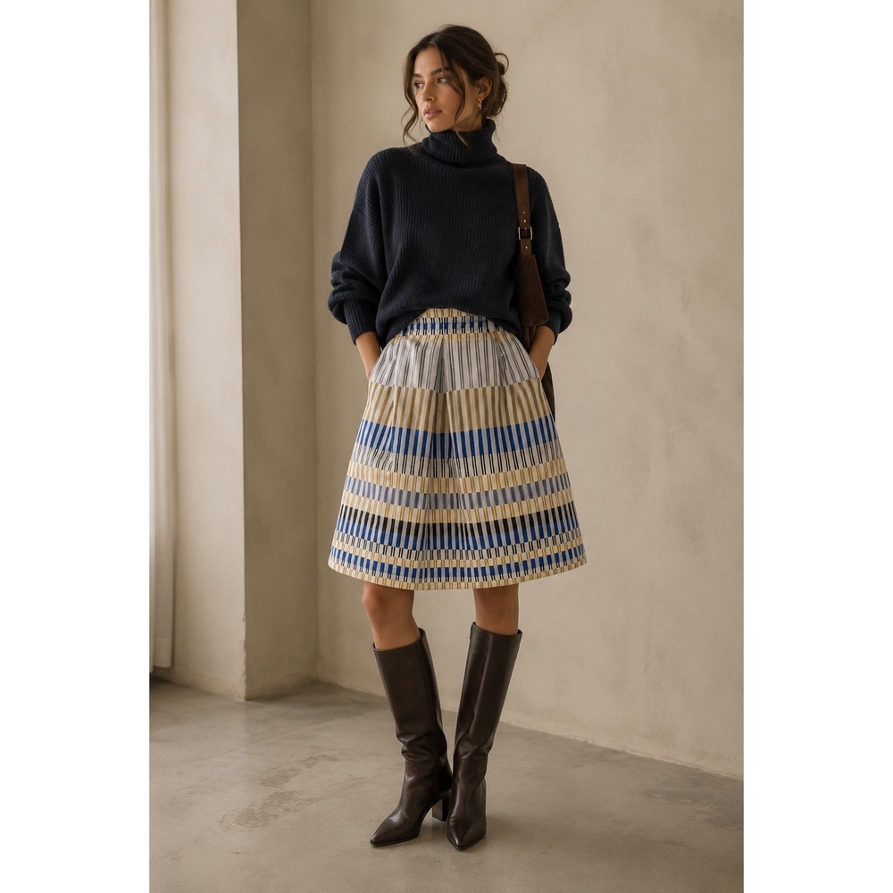 NWOT Massimo Dutti Striped Geometric A-Line Midi Skirt Blue Yellow Size 6